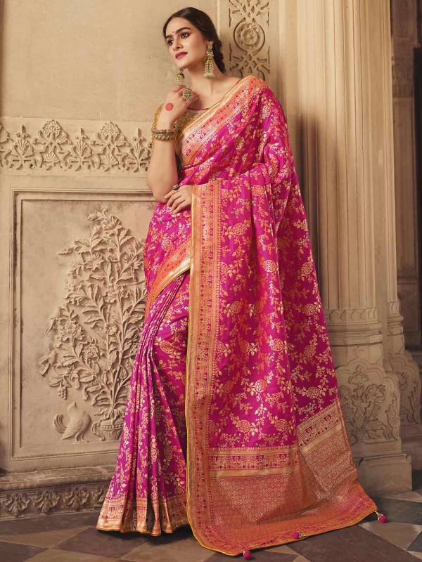 Pink Colour Wedding Saree in Silk Fabric.