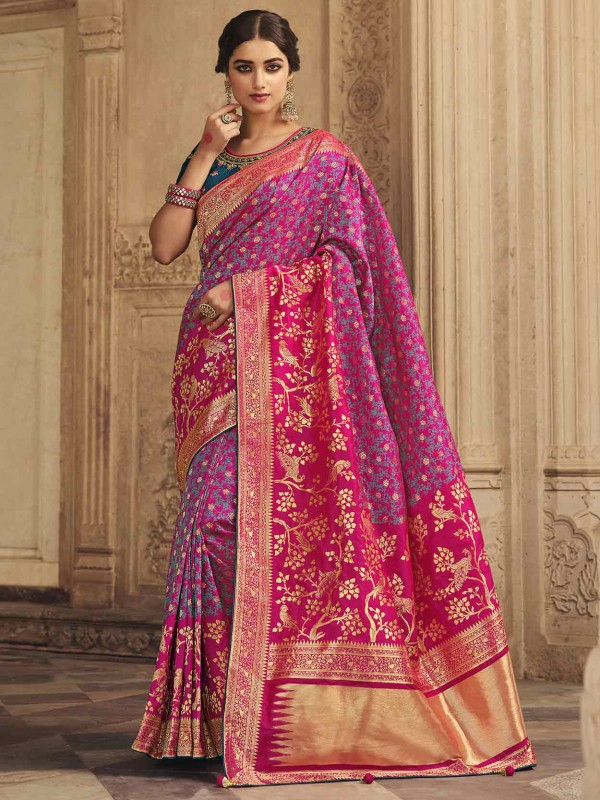 Red,Pink Colour Silk Fabric Indian Wedding Saree.