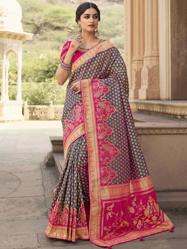 Pink,Wine Colour Silk Fabric Women Saree.