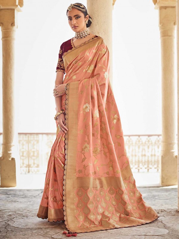 Orange Colour Silk Fabric Indian Wedding Saree.