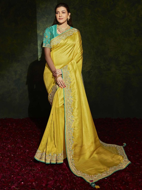 Yellow Colour Indian Designer Saree in Silk Fabric.
