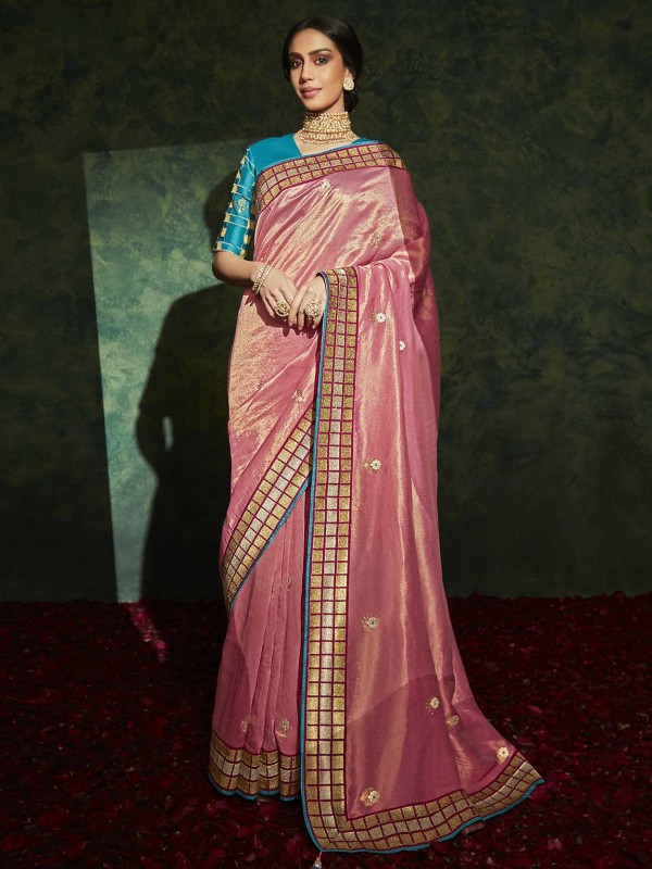 Pink,Peach Colour Silk Fabric Women Saree.