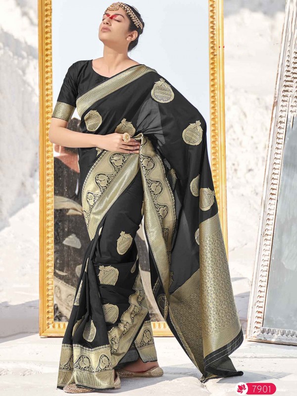 Black Colour Banarasi Silk Fabric Party Wear Saree.