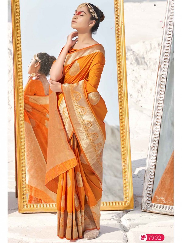 Orange Colour Designer Saree in Banarasi Silk Fabric.
