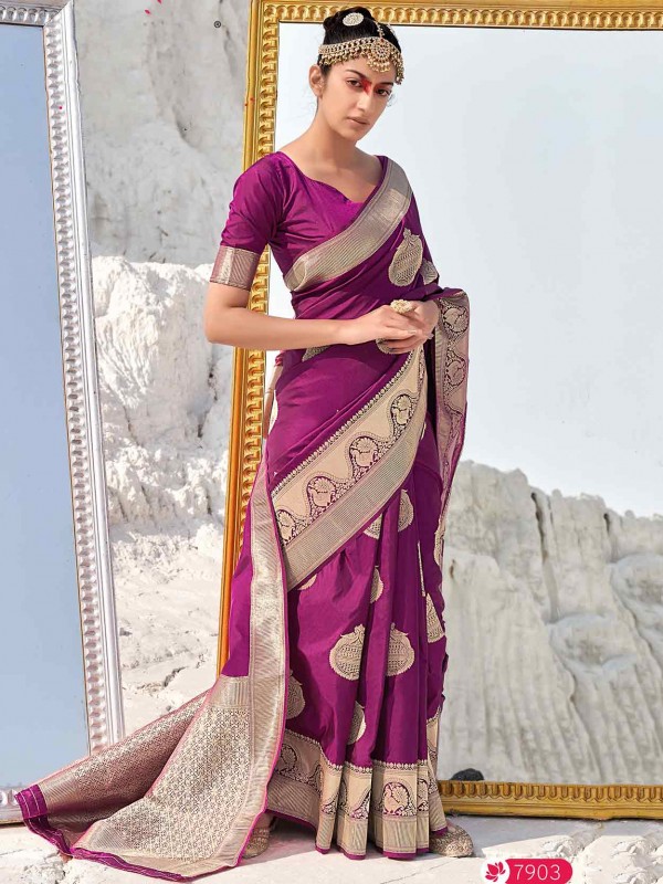 Wine Colour Indian Designer Saree in Banarasi Silk Fabric.