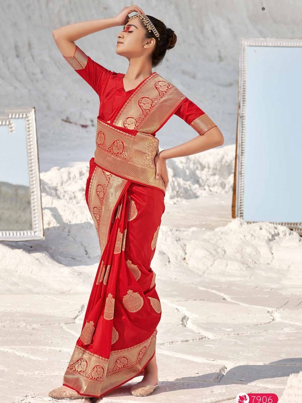 Red Colour Indian Wedding Saree in Banarasi Silk Fabric.