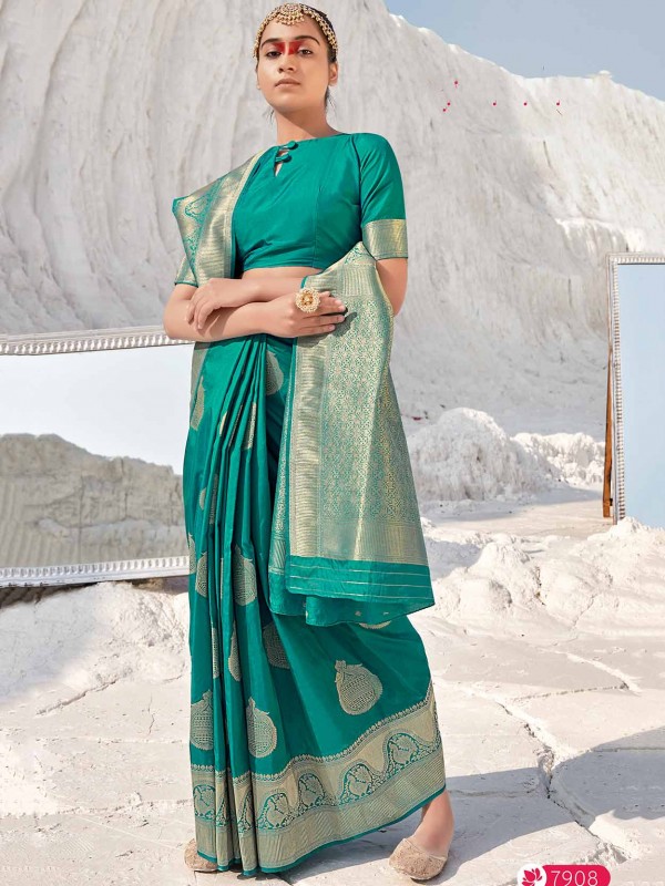 Banarasi Silk Fabric Designer Saree Green Colour.