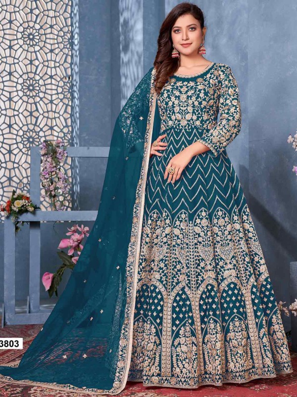 Rama Green Colour Net Fabric Designer Salwar Suit.