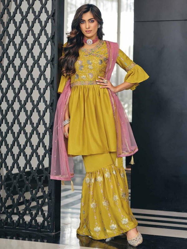 Yellow Colour Designer Sharara Salwar Suit in Viscose Fabric.