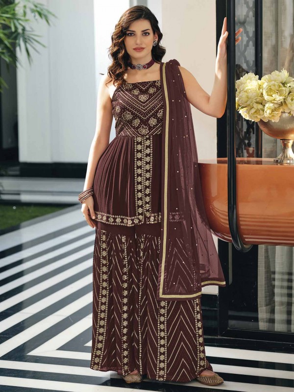 Wine Colour Viscose Fabric Designer Sharara Salwar Suit.