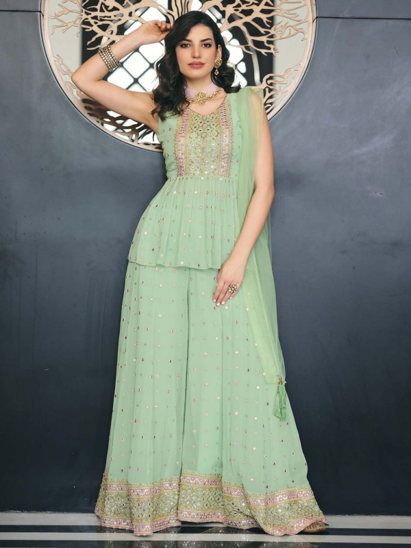 Designer Sharara Salwar Suit Turquoise Colour in Viscose Fabric.
