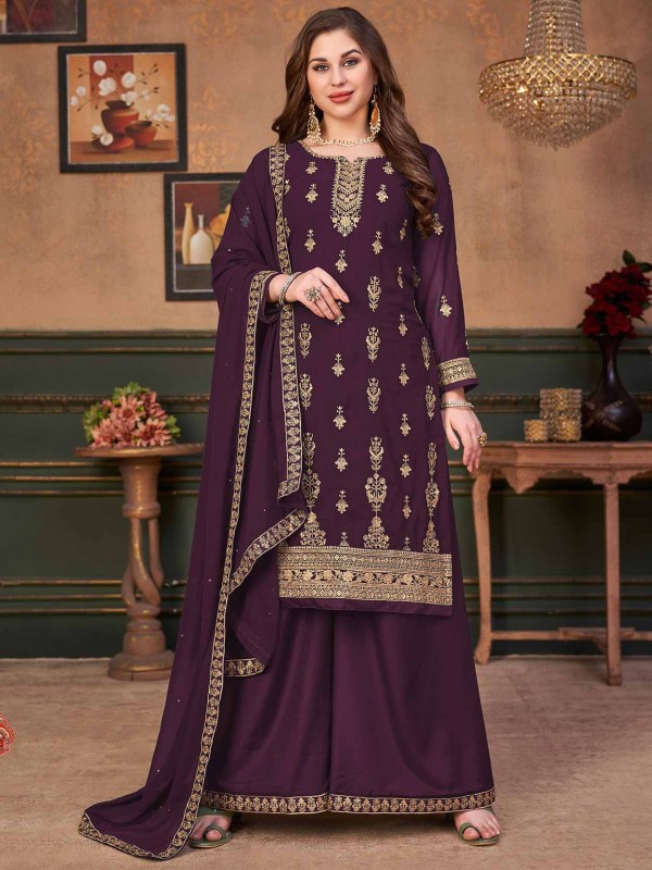 Wine Colour Sharara Salwar Suit in Georgette Fabric.