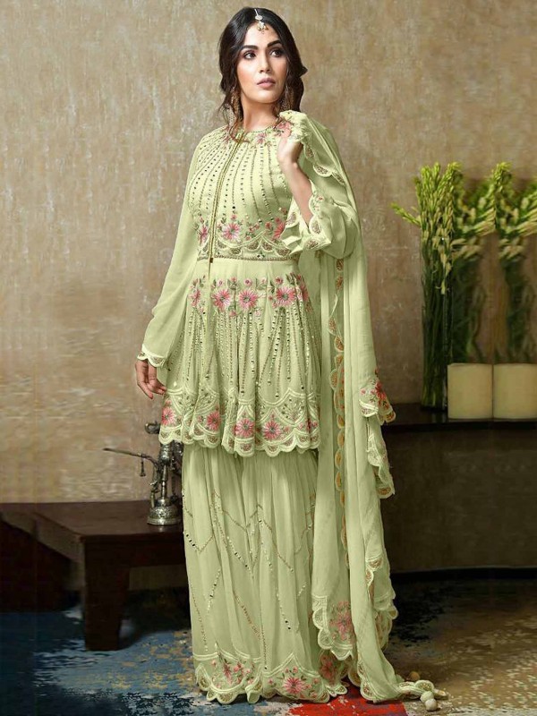 Pista Green Colour Georgette Fabric Sharara Salwar Suit.