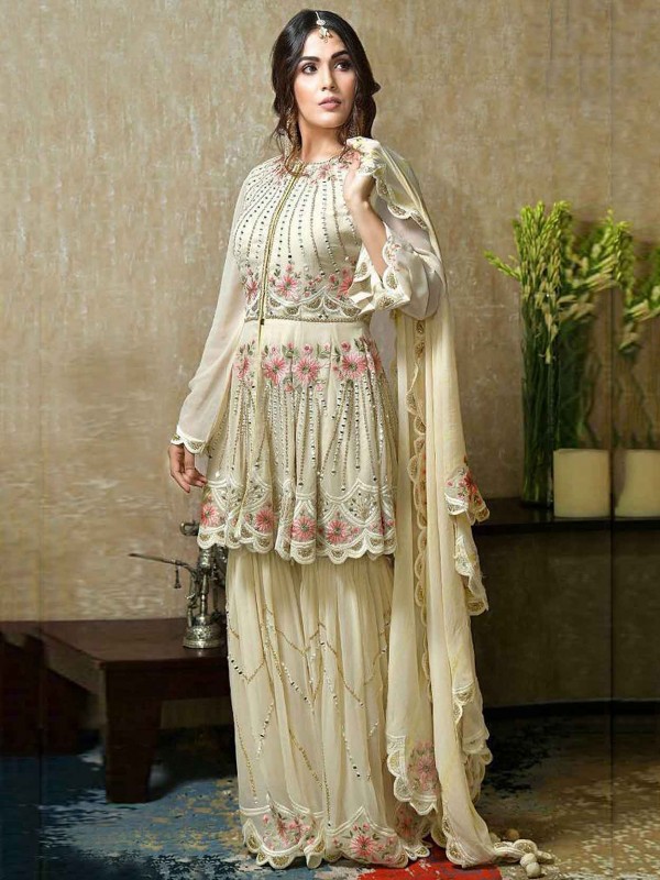 Cream Colour Georgette Fabric Designer Salwar Kameez.