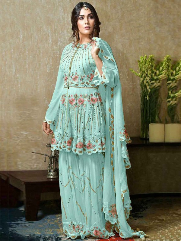 Turquoise Colour Sharara Salwar Suit in Georgette Fabric.