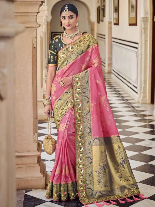 Pink Colour Banarasi Silk Fabric Wedding Saree.
