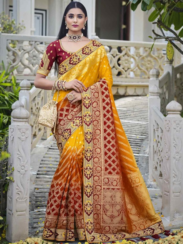 Red,Yellow Colour Indian Designer Saree in Banarasi Silk Fabric.