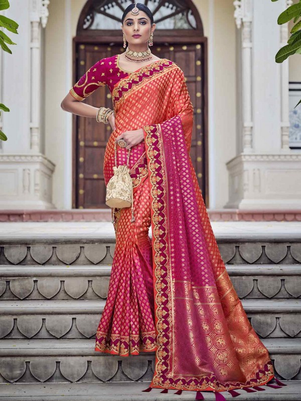 Red,Pink Colour Indian Wedding Saree in Banarasi Silk Fabric.