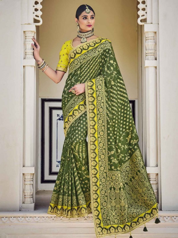 Banarasi Silk Fabric Designer Saree Green Colour.