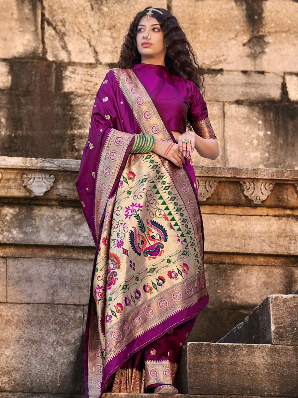 Wine Colour Designer Saree in Banarasi Silk Fabric.