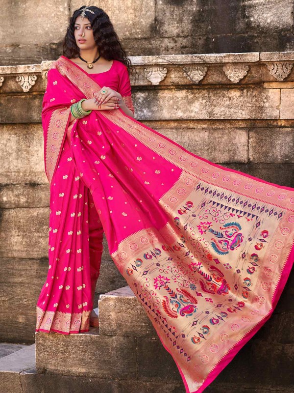 Red,Pink Colour Banarasi Silk Fabric Wedding Saree.