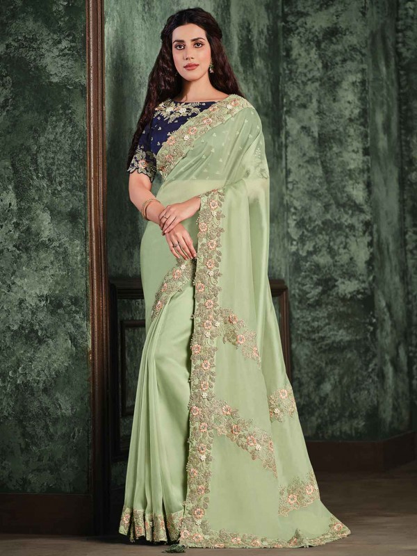 Pista Green Colour Net,Organza Fabric Designer Saree.