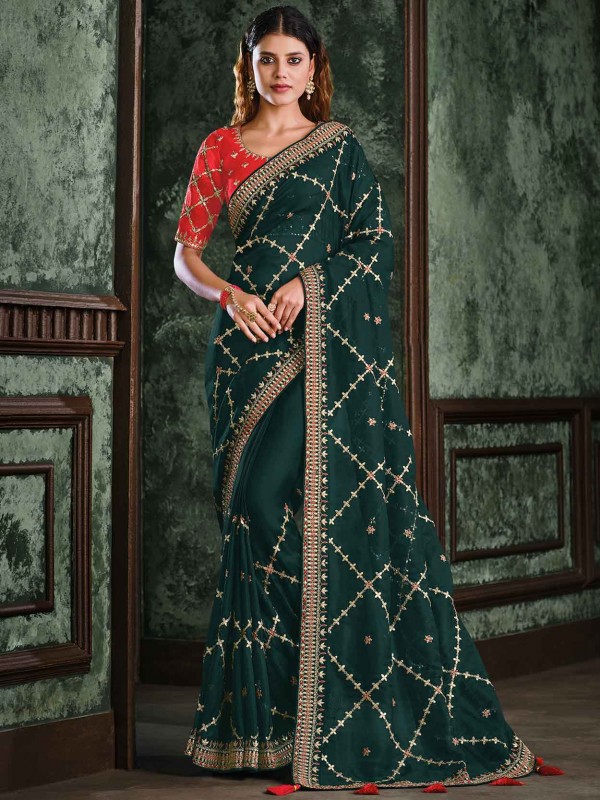 Dark Green Colour Net,Organza Fabric Women Saree.