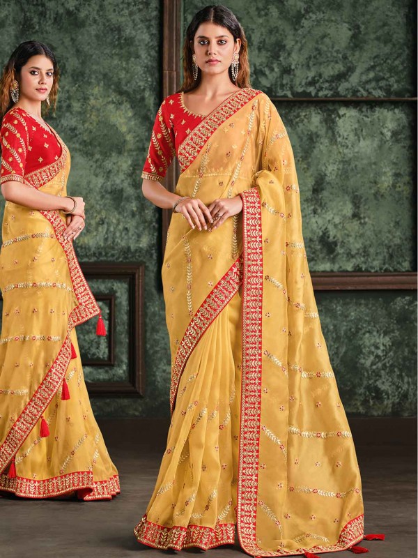 Yellow Colour Net,Organza Fabric Women Saree.