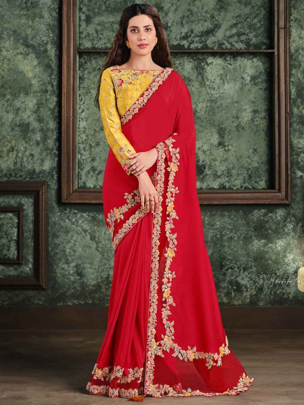 Red Colour Designer Wedding Saree in Satin,Silk Fabric.