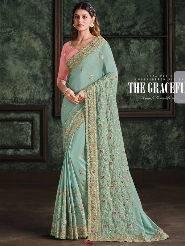 Sky Blue Colour Satin,Silk Fabric Women Saree.