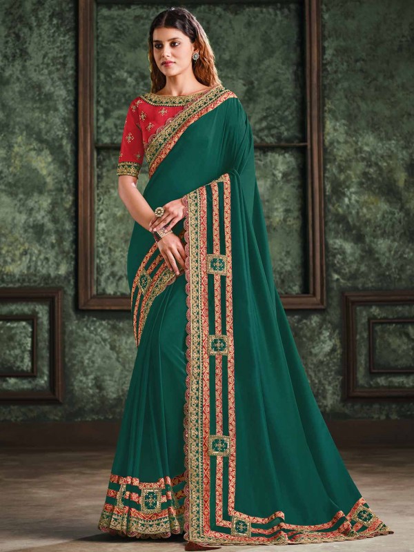 Green Colour Satin,Silk Fabric Women Saree.