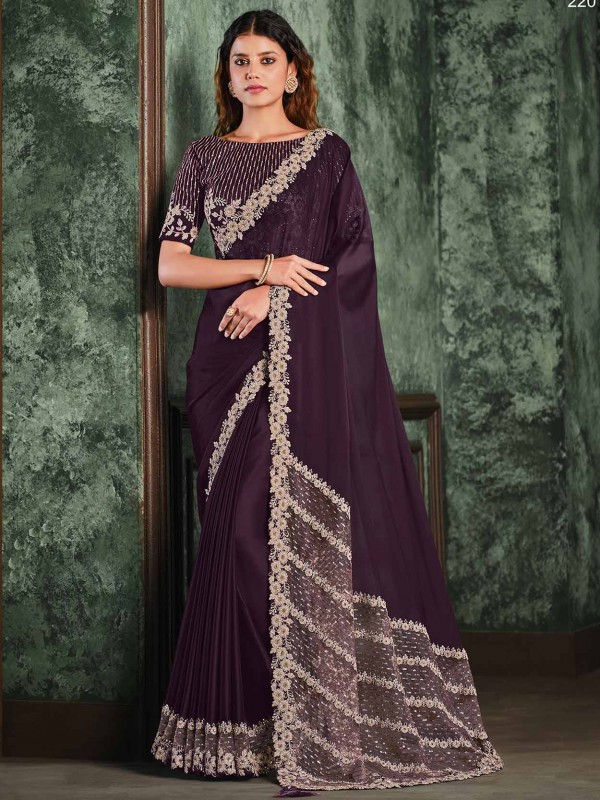 Silk,Georgette Fabric Designer Saree Wine Colour.