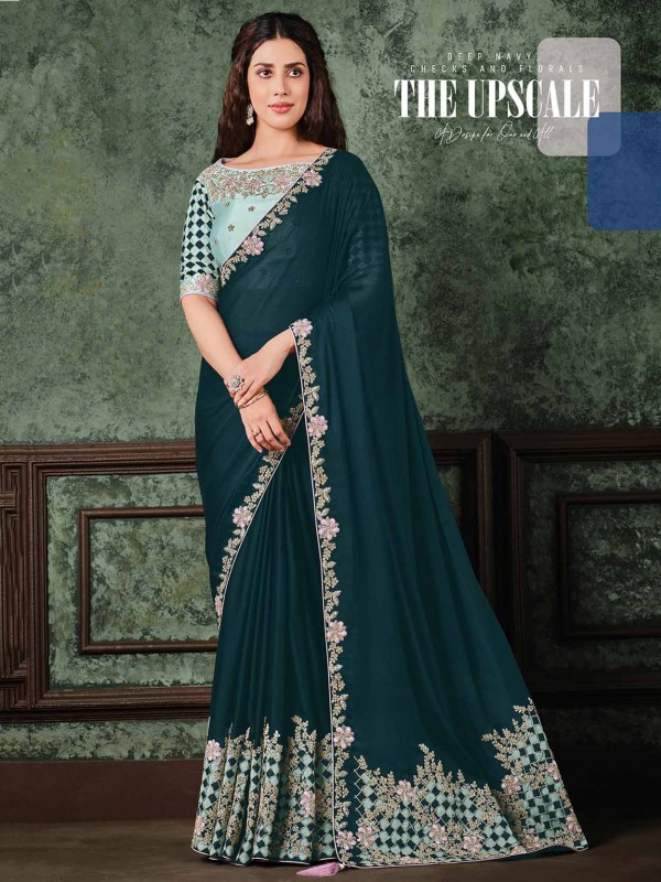 Rama Green Colour Silk,Georgette Fabric Designer Saree.