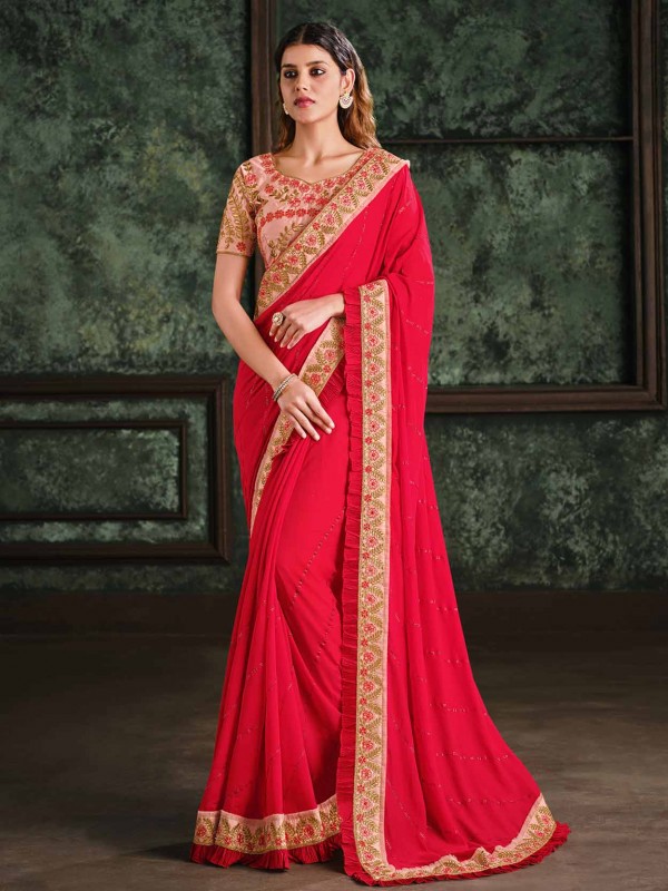 Red Colour Silk,Georgette Fabric Women Saree.