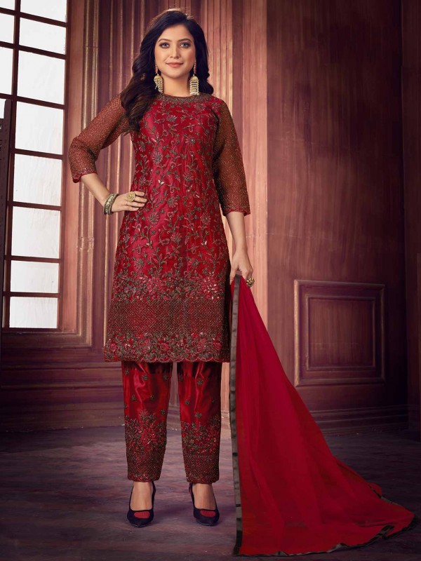 Maroon Colour Net Fabric Designer Salwar Suit.