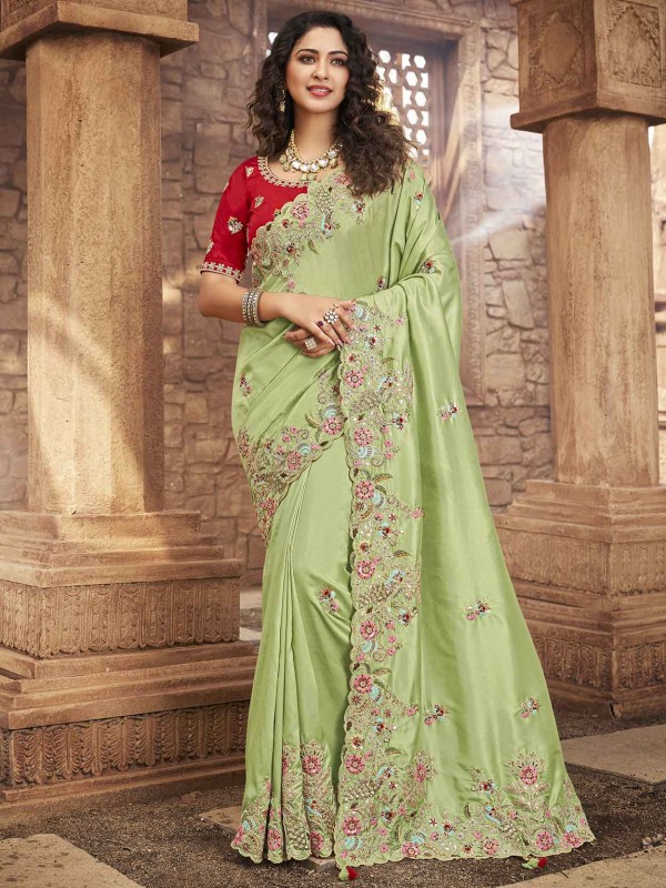 Pista Green Colour Indian Designer Saree in Net,Organza Fabric.