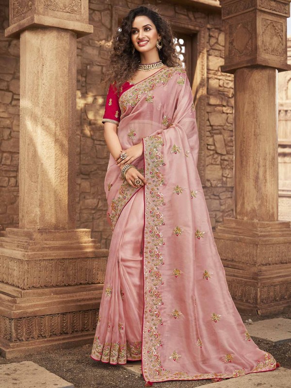 Pink Colour Wedding Saree in Net,Organza Fabric.