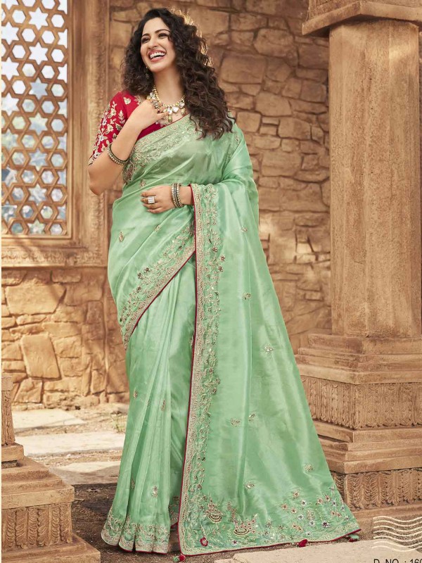 Turquoise Colour Designer Saree in Net,Organza Fabric.
