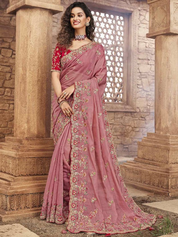 Pink Colour Net,Organza Fabric Women Saree.