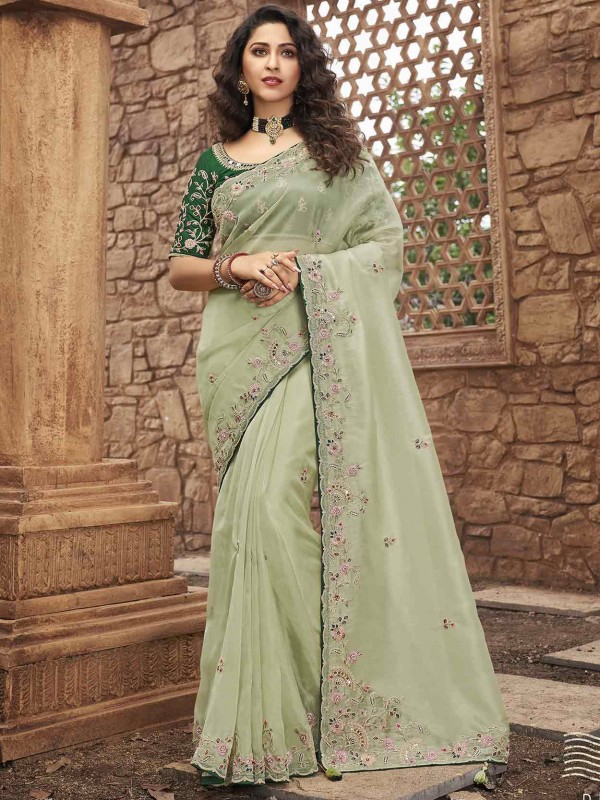 Net,Organza Fabric Designer Saree Green Colour.