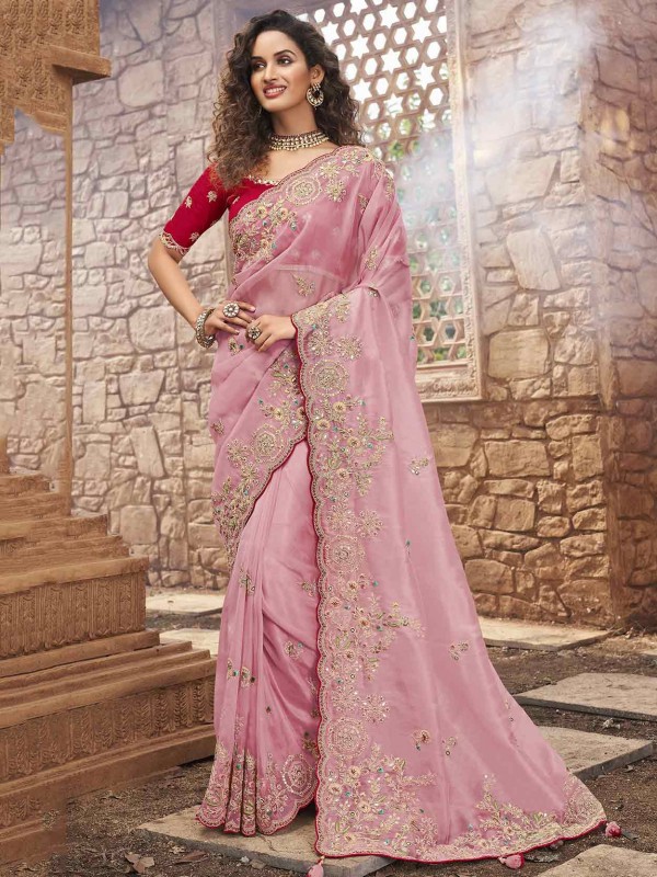 Pink Colour Net,Organza Fabric Wedding Saree.