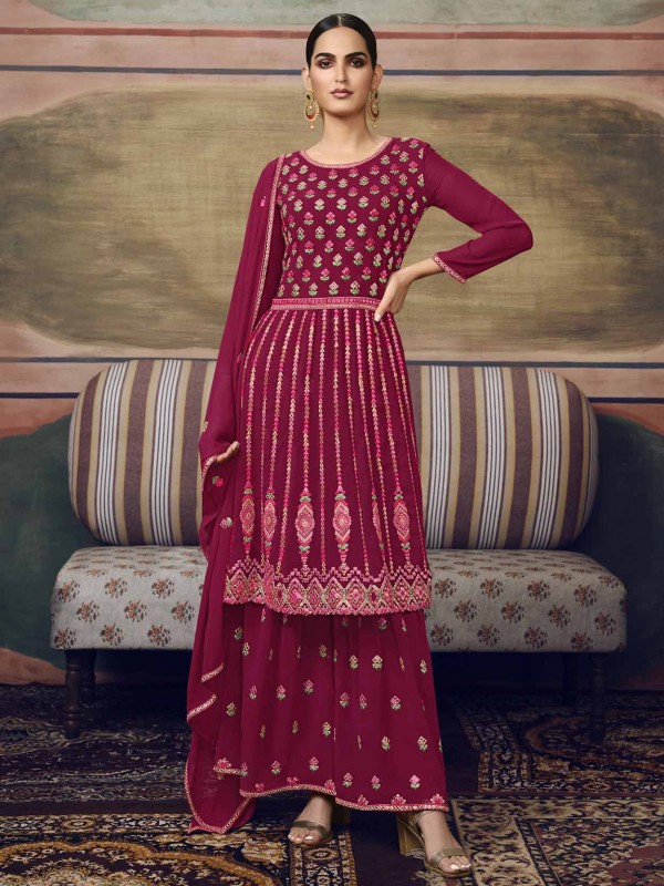 Georgette Designer Sharara Salwar Suit in Maroon Colour.
