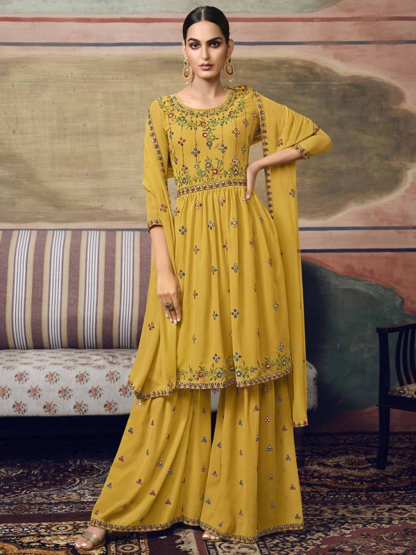 Yellow Colour Georgette Fabric Designer Sharara Salwar Suit.