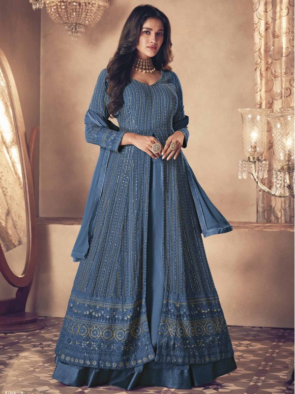 Teal Blue Colour Georgette Fabric Anarkali Salwar Suit.