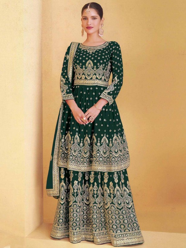 Green Colour Sharara Salwar Kameez in Georgette Fabric.