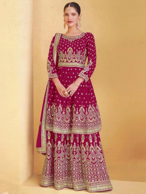 Rani Pink Colour Designer Sharara Salwar Suit in Georgette Fabric.