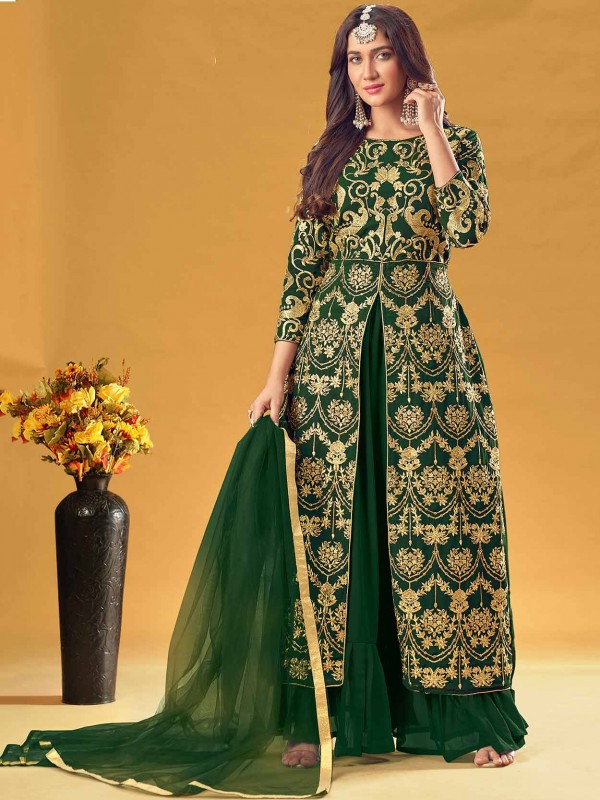 Green Colour Georgette Fabric Designer Sharara Salwar Kameez.