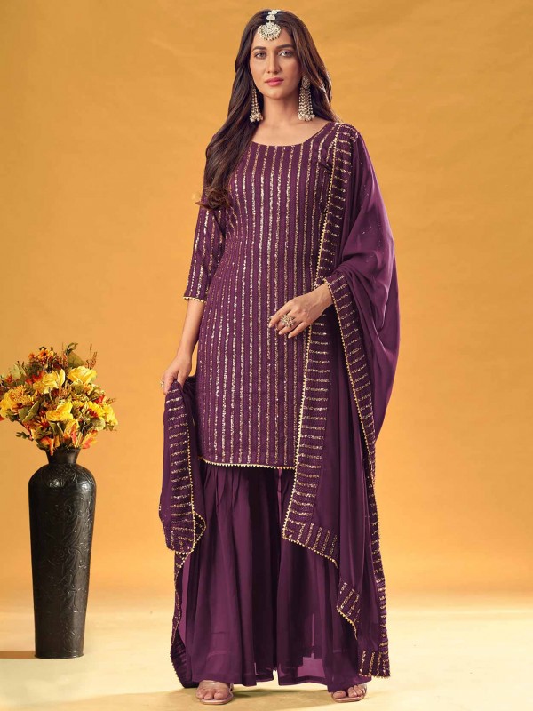 Purple Colour Georgette Fabric Sharara Salwar Suit.