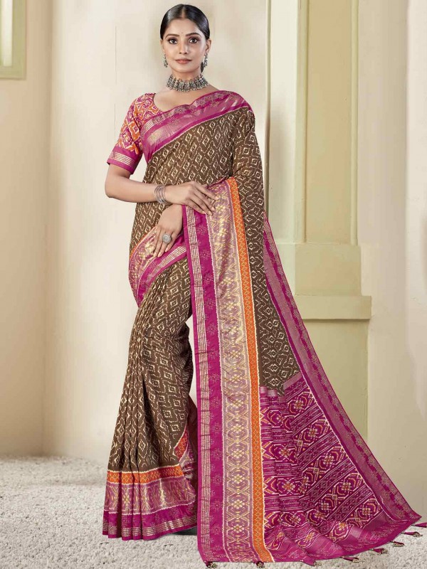 Brown Colour Silk Fabric Women Saree.