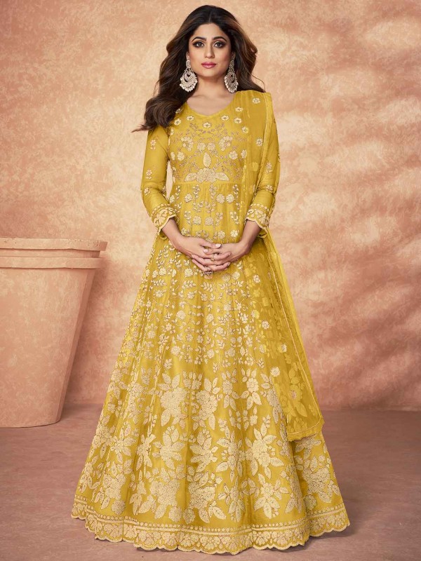 Yellow Colour Net Fabric Designer Salwar Suit.